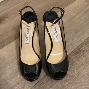 Jimmy Choo Black Patent Leather Peep Toe Heels